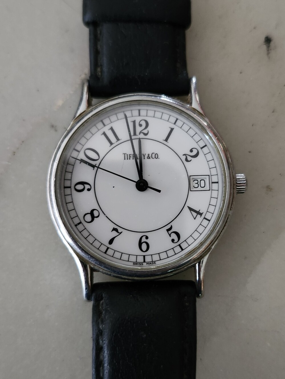 Vtg 90's Tiffany & Co. White Dial Black Leather Strap Watch